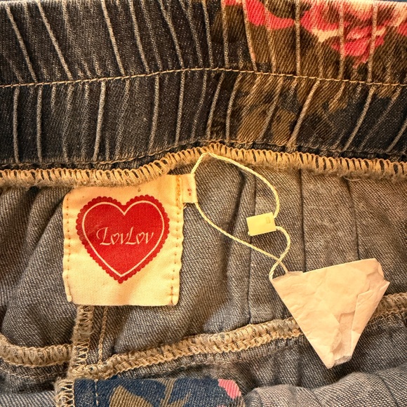 LovLov NWT Floral Print Elastic Waist Button Fly Wide Leg Denim Pants - Picture 6 of 8